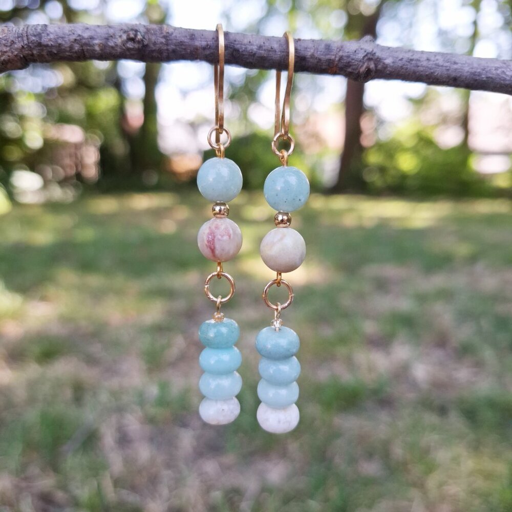 Amazonite Stone Gold French Hook Dangle Earrings Boho Chic Coastal Summer Gifts - Picture 4 of 4